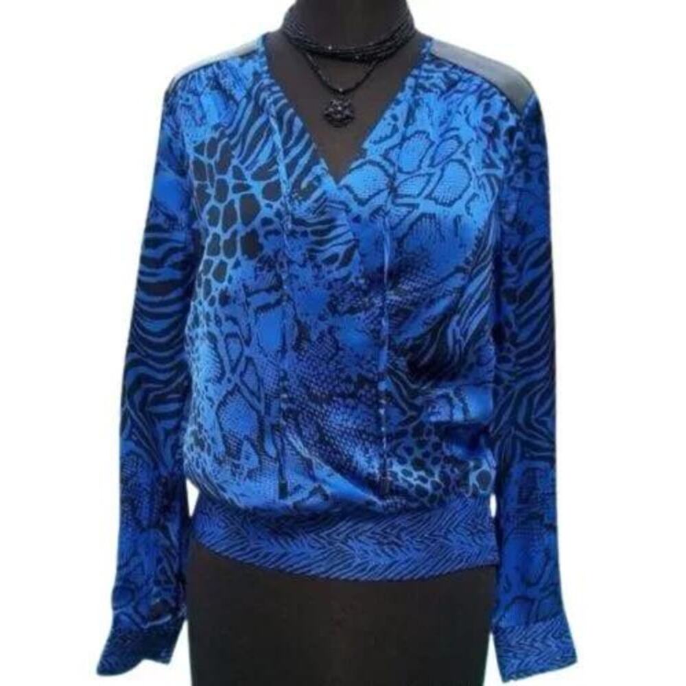 Cache Silk pLeather Shoulders Top New Faux Wrap Shirred Waist Animal NWT $138